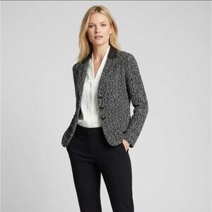 St. John Collection Tweed Blazer Black White Boucle Leather Collar - Size 14